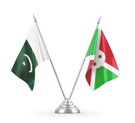 Burundi and Pakistan table flags isolated on white 3D rendering