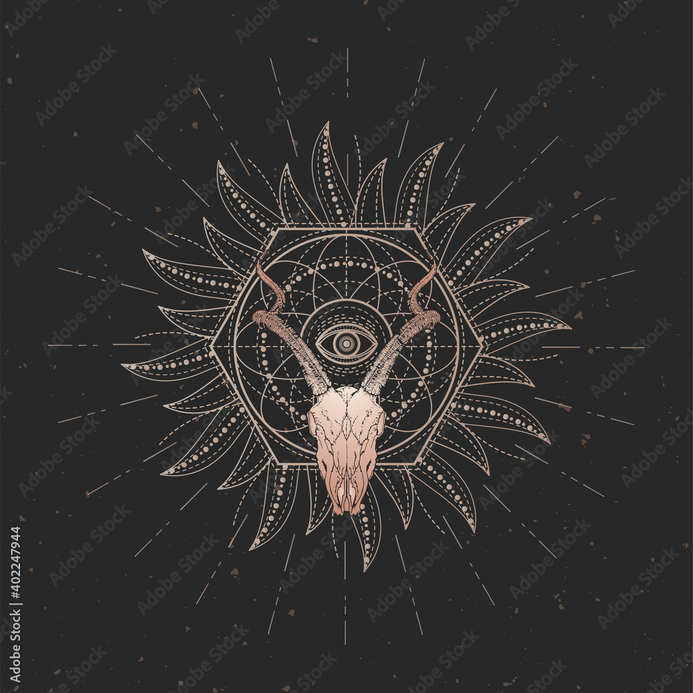 Wall mural Vector illustration with hand drawn Antelope skull and Sacred geometric symbol on black vintage background. Abstract mystic sign. Gold linear shape.