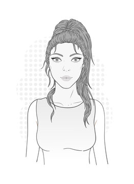 Vector illustration with beautiful young woman with high ponytail on a white background. Monochrome image.