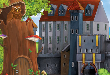 Cartoon happy scene of castle near the forest with bird owl illustration