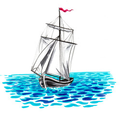 Sailing boat and blue sea. Ink and watercolor drawing