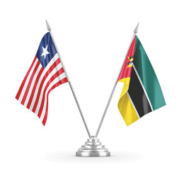 Mozambique and Liberia table flags isolated on white 3D rendering