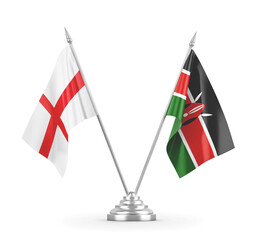 Kenya and England table flags isolated on white 3D rendering