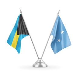 Micronesia and Bahamas table flags isolated on white 3D rendering 