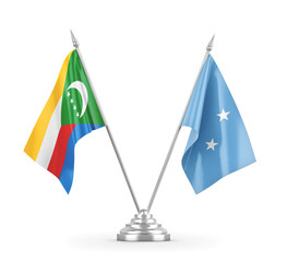 Micronesia and Comoros table flags isolated on white 3D rendering