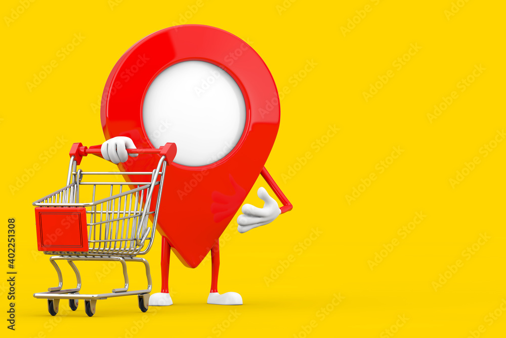 Fototapete map pointer pin character mascot with shopping cart trolley. 3d rendering
