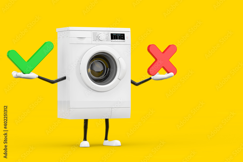 Aufkleber modern white washing machine character mascot with red cross and green check mark, confirm or deny, 