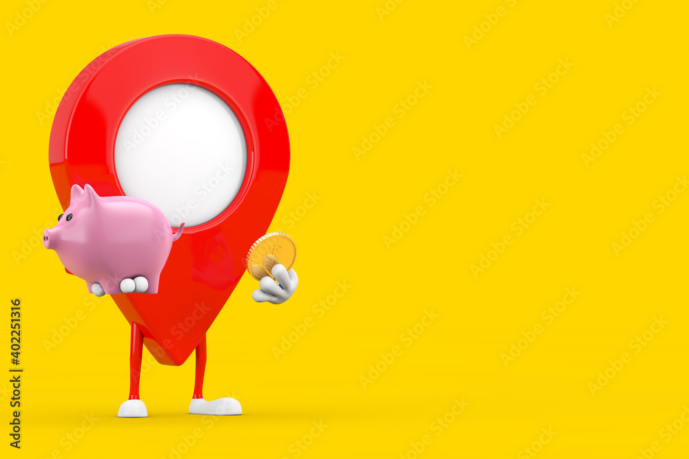 Aufkleber Map Pointer Pin Character Mascot with Piggy Bank and Golden Dollar Coin. 3d Rendering