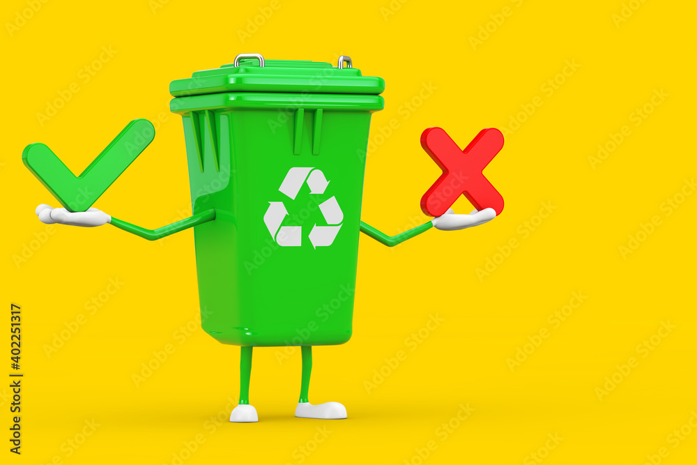 Leinwandbilder recycle sign green garbage trash bin character mascot with red cross and green check mark, confirm o