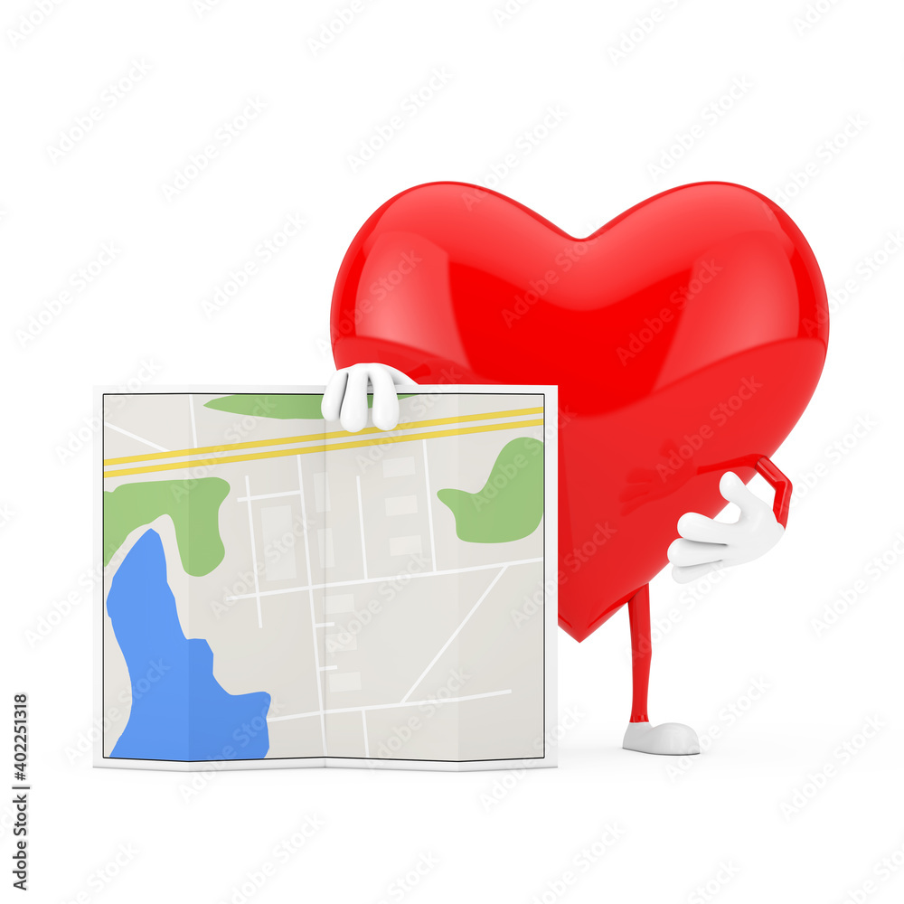 Aufkleber red heart character mascot with abstract city plan map. 3d rendering