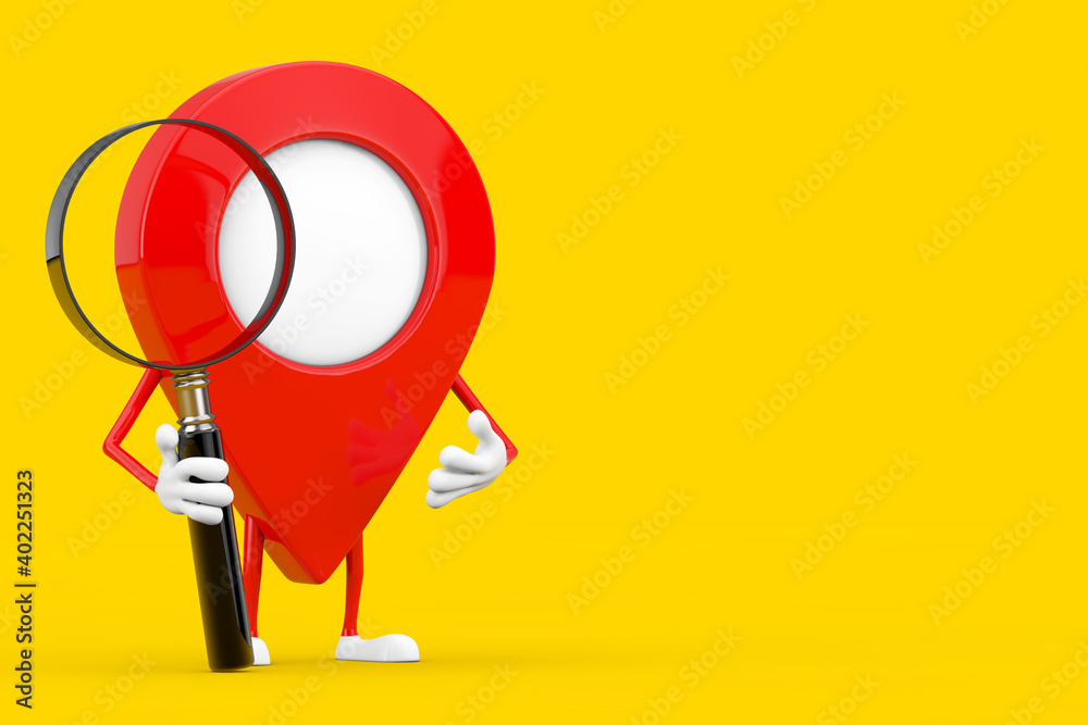 Poster red map pointer target pin character mascot with magnifying glass. 3d rendering