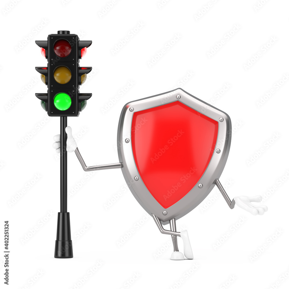 Poster red metal protection shield character mascot with traffic green light. 3d rendering