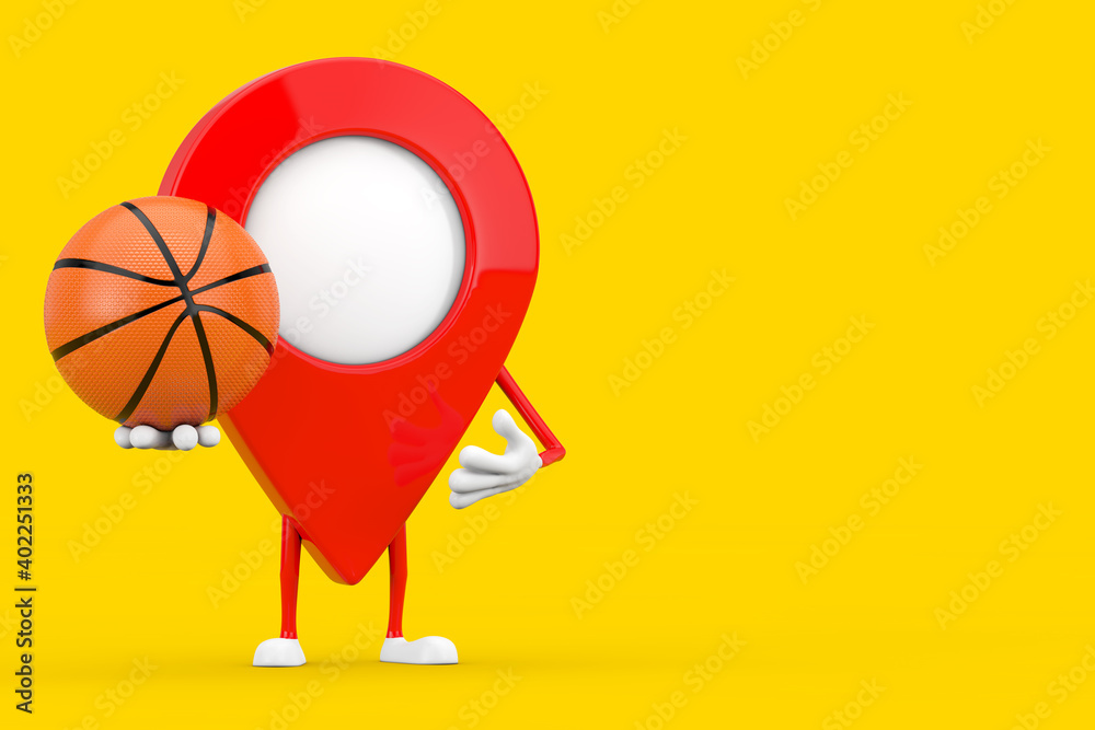 Fototapete map pointer pin character mascot with basketball ball. 3d rendering