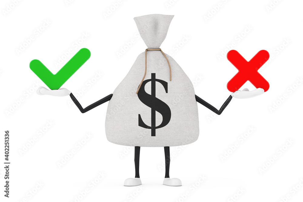 Aufkleber tied rustic canvas linen money sack or money bag and dollar sign character mascot with red cross and