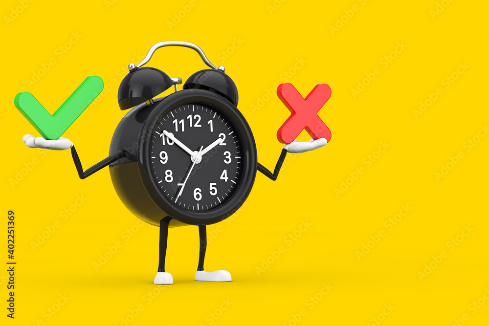 Poster Alarm Clock Character Mascot with Red Cross and Green Check Mark, Confirm or Deny, Yes or No Icon Sign. 3d Rendering