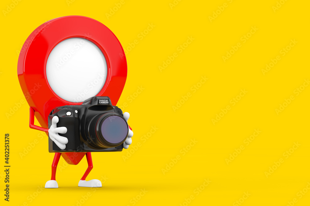 Fototapete Red Map Pointer Target Pin Character Mascot with Modern Digital Photo Camera. 3d Rendering