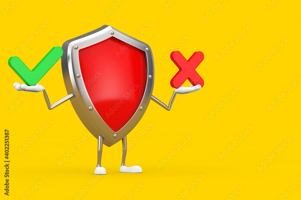 Aufkleber red metal protection shield character mascot with red cross and green check mark, confirm or deny, y