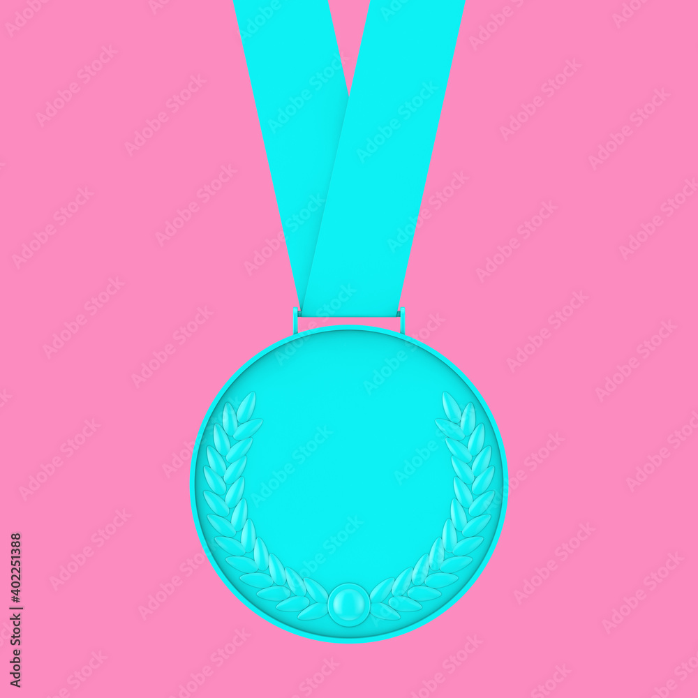 Poster blue medal with laurel wreath in duotone style. 3d rendering