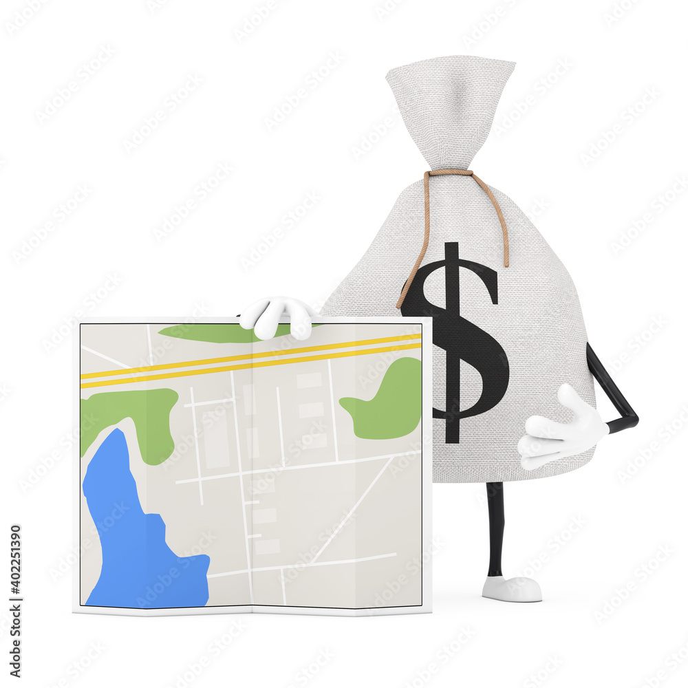Poster Tied Rustic Canvas Linen Money Sack or Money Bag and Dollar Sign Character Mascot with Abstract City Plan Map. 3d Rendering