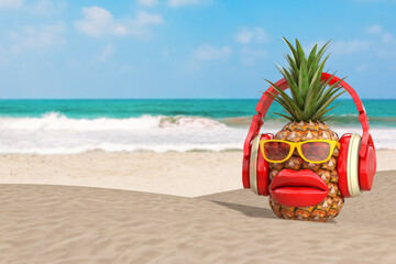 Fun Cartoon Fashion Hipster Cut Pineapple Character with Yellow Sunglassesб Red Headphones and Big Red Lips on the Ocean or Sea Sand Beach. 3d Rendering