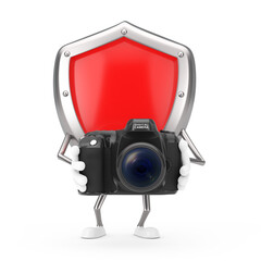 Red Metal Protection Shield Character Mascot with Modern Digital Photo Camera. 3d Rendering