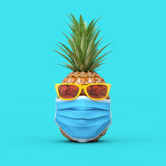 Fun Cartoon Fashion Hipster Cut Pineapple Character with Yellow Sunglasses and Medical Protectivу Mask for Prevension of Coronavirus COVID-19. 3d Rendering