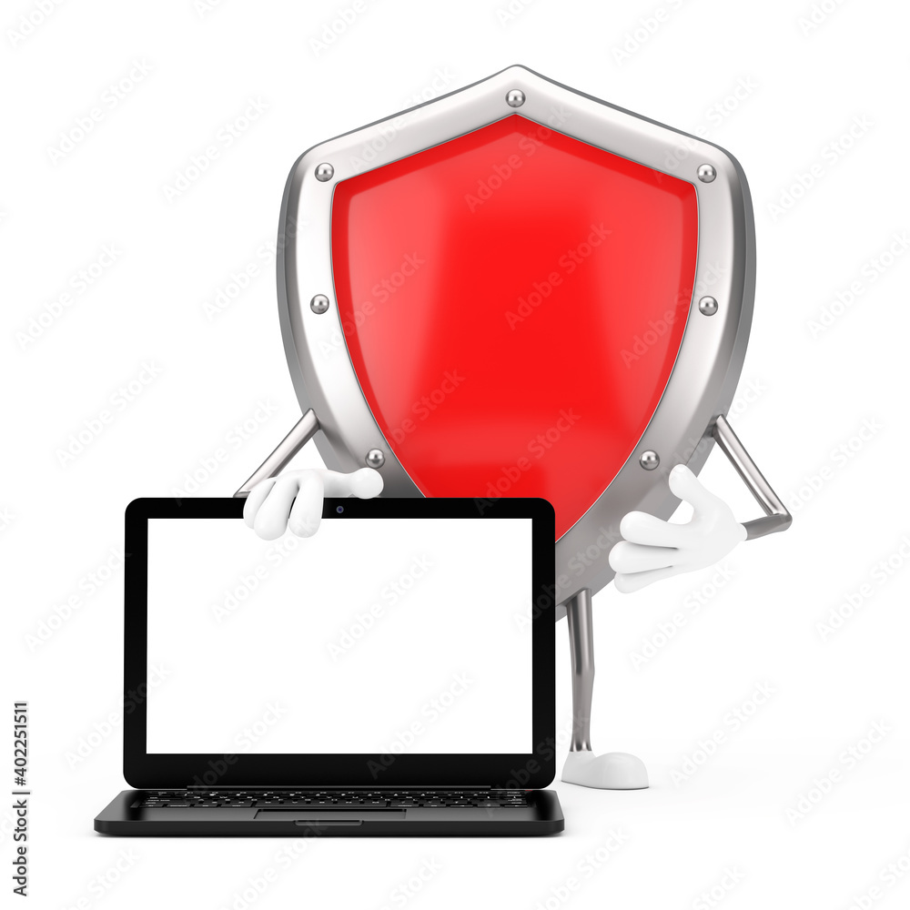 Leinwandbilder red metal protection shield character mascot with modern laptop computer notebook and blank screen f
