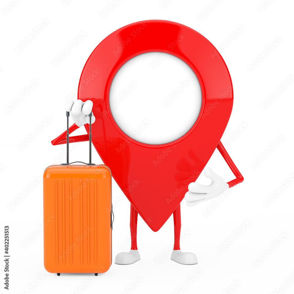 Aufkleber Map Pointer Pin Character Mascot with Orange Travel Suitcase. 3d Rendering