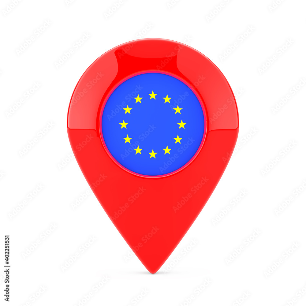 Poster map pointer pin with european union flag. 3d rendering