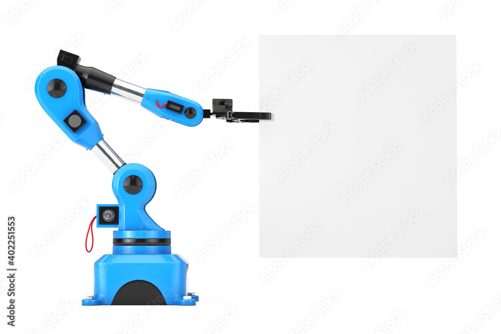 Aufkleber Industrial Mechanical Robotic Hand Arm Manipulator and White Banner with Free Space for Your Design. 3d Rendering