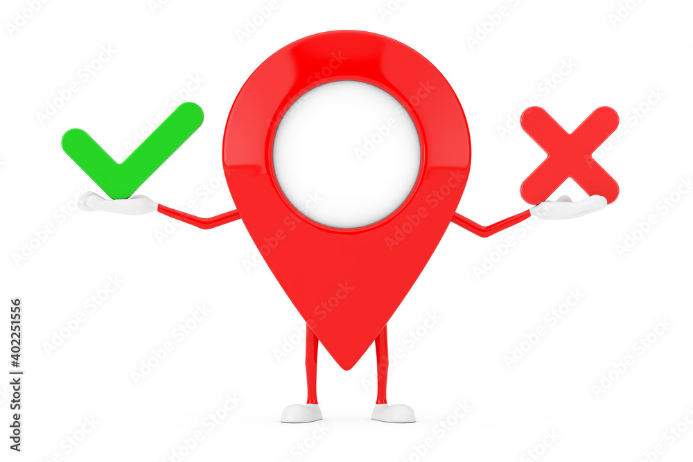 Aufkleber Map Pointer Pin Character Mascot with Red Cross and Green Check Mark, Confirm or Deny, Yes or No Icon Sign. 3d Rendering