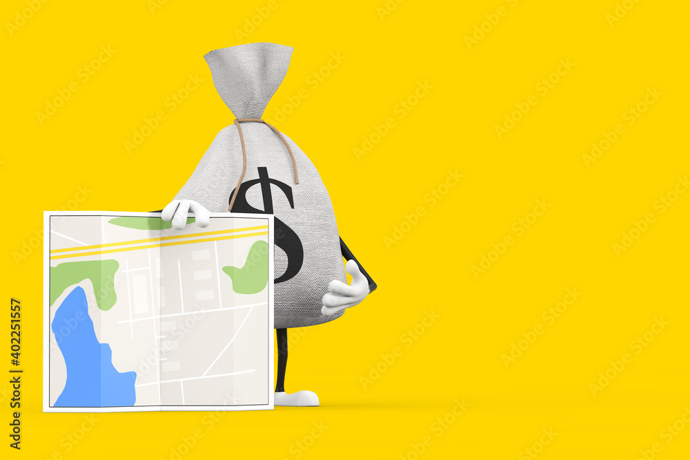 Poster tied rustic canvas linen money sack or money bag and dollar sign character mascot with abstract city
