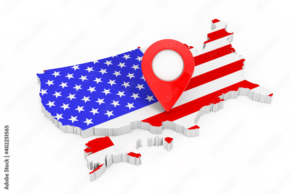 Aufkleber map pointer pin over usa map with united states of america flag. 3d rendering