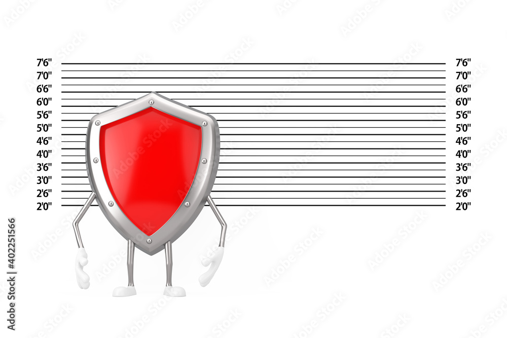 Poster red metal protection shield character mascot in front of police lineup or mugshot background. 3d ren