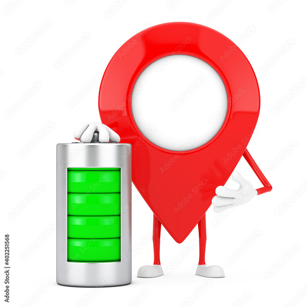 Aufkleber Map Pointer Pin Character Mascot with Abstract Charging Battery. 3d Rendering