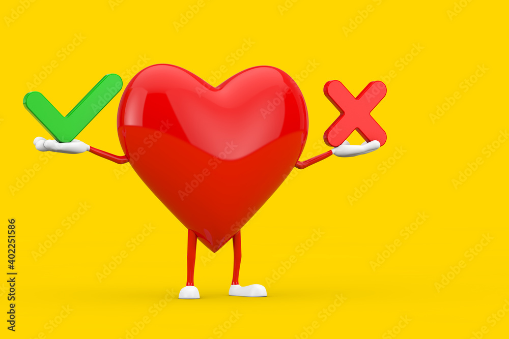 Fototapete Red Heart Character Mascot with Red Cross and Green Check Mark, Confirm or Deny, Yes or No Icon Sign. 3d Rendering