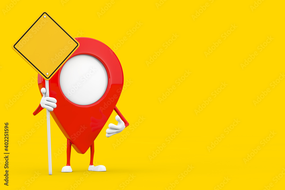 Fototapete Map Pointer Pin Character Mascot and Yellow Road Sign with Free Space for Yours Design. 3d Rendering