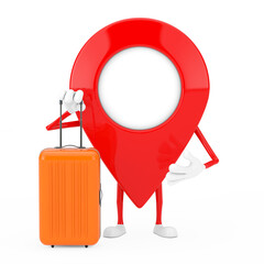 Map Pointer Pin Character Mascot with Orange Travel Suitcase. 3d Rendering