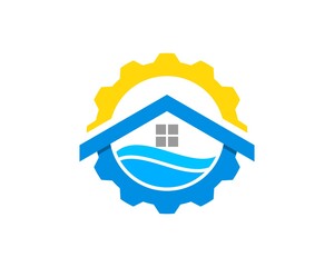 Gear with simple house and beach wave