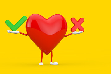 Red Heart Character Mascot with Red Cross and Green Check Mark, Confirm or Deny, Yes or No Icon Sign. 3d Rendering