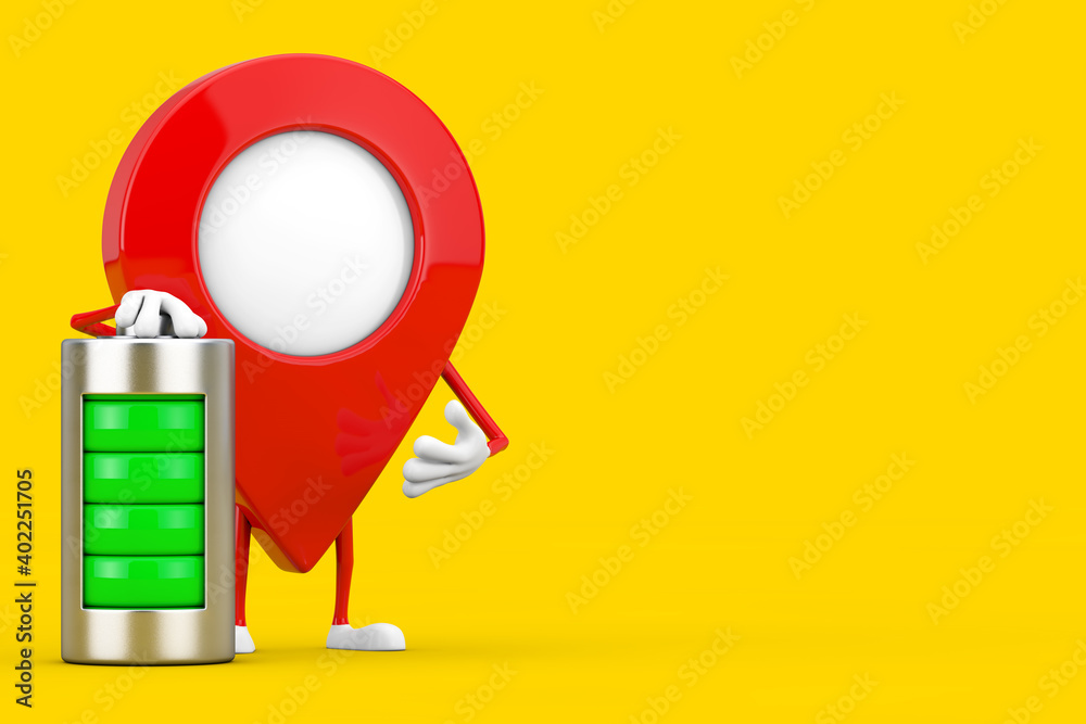 Fototapete map pointer pin character mascot with abstract charging battery. 3d rendering