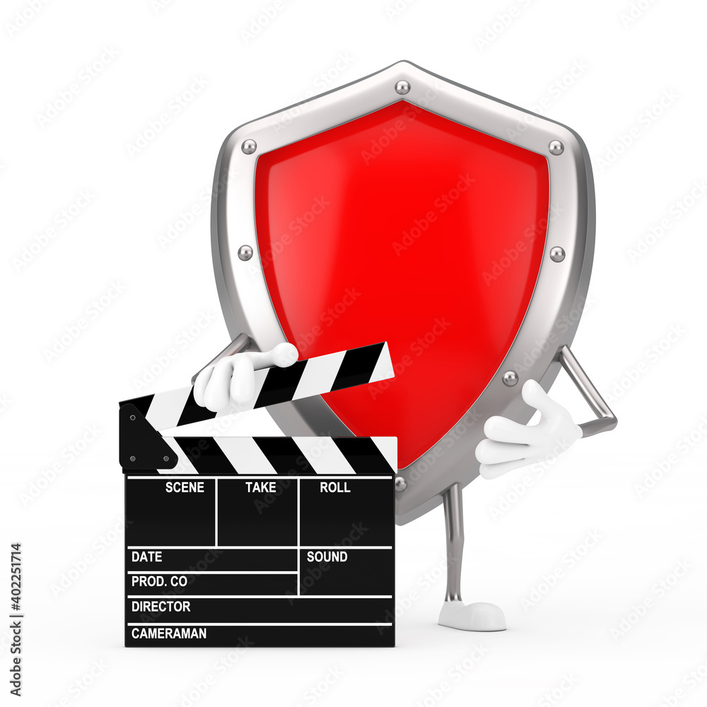 Poster red metal protection shield character mascot with movie clapper board. 3d rendering