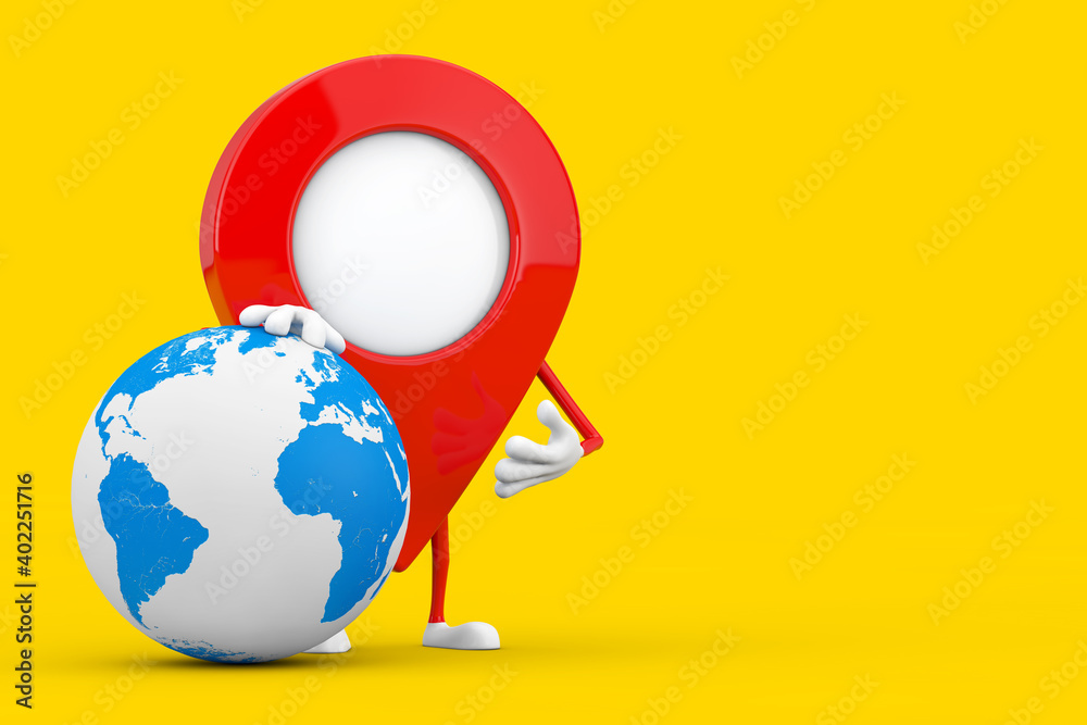 Poster map pointer pin character mascot with earth globe. 3d rendering