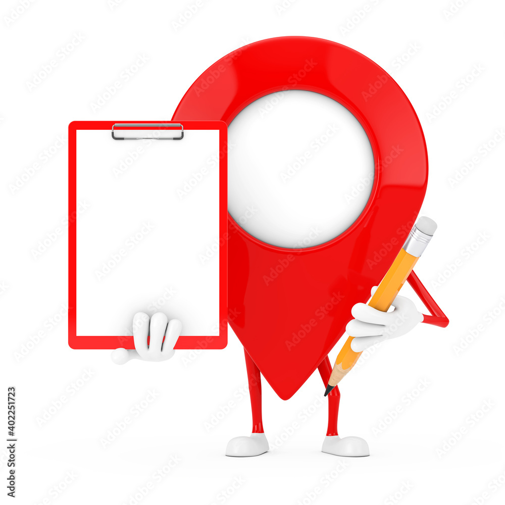 Poster red map pointer target pin character mascot with red plastic clipboard, paper and pencil. 3d renderi