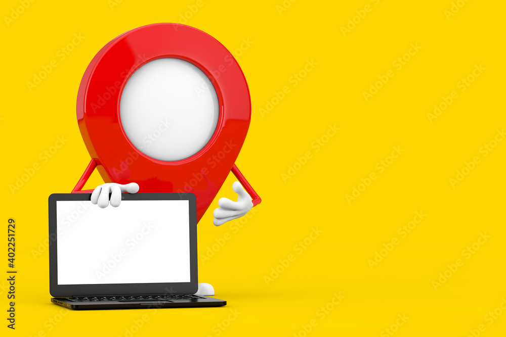 Poster map pointer pin character mascot with modern laptop computer notebook and blank screen for your desi