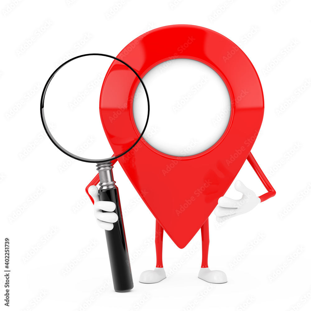 Aufkleber red map pointer target pin character mascot with magnifying glass. 3d rendering