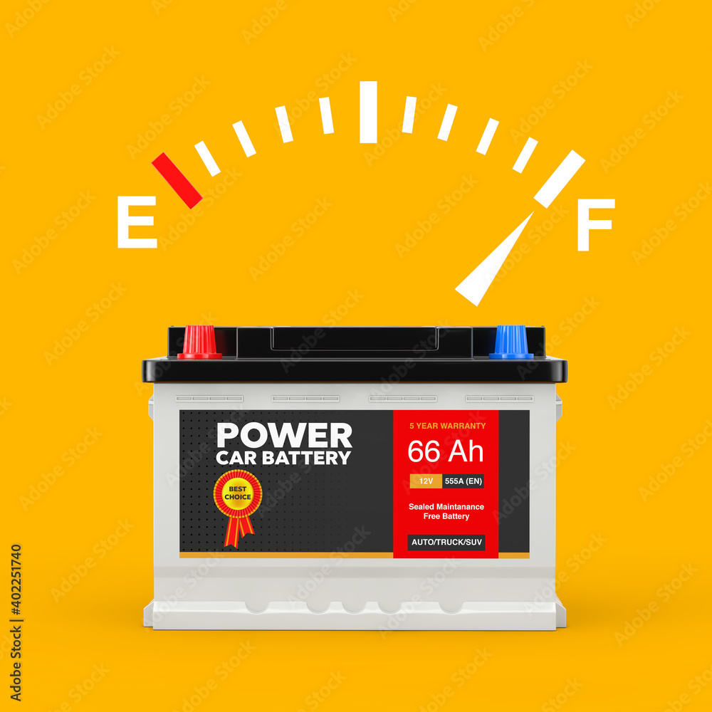 Poster fuel dashboard gauge sign showing a full charge with rechargeable car battery 12v accumulator and ab