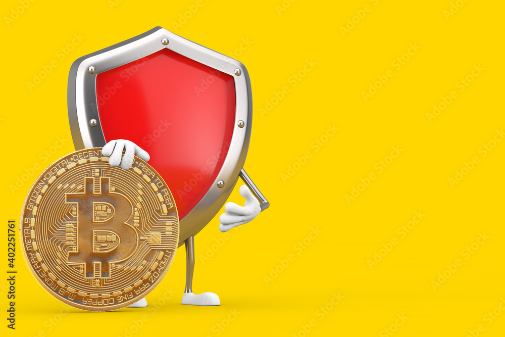 Poster red metal protection shield character mascot with digital and cryptocurrency golden bitcoin coin. 3d