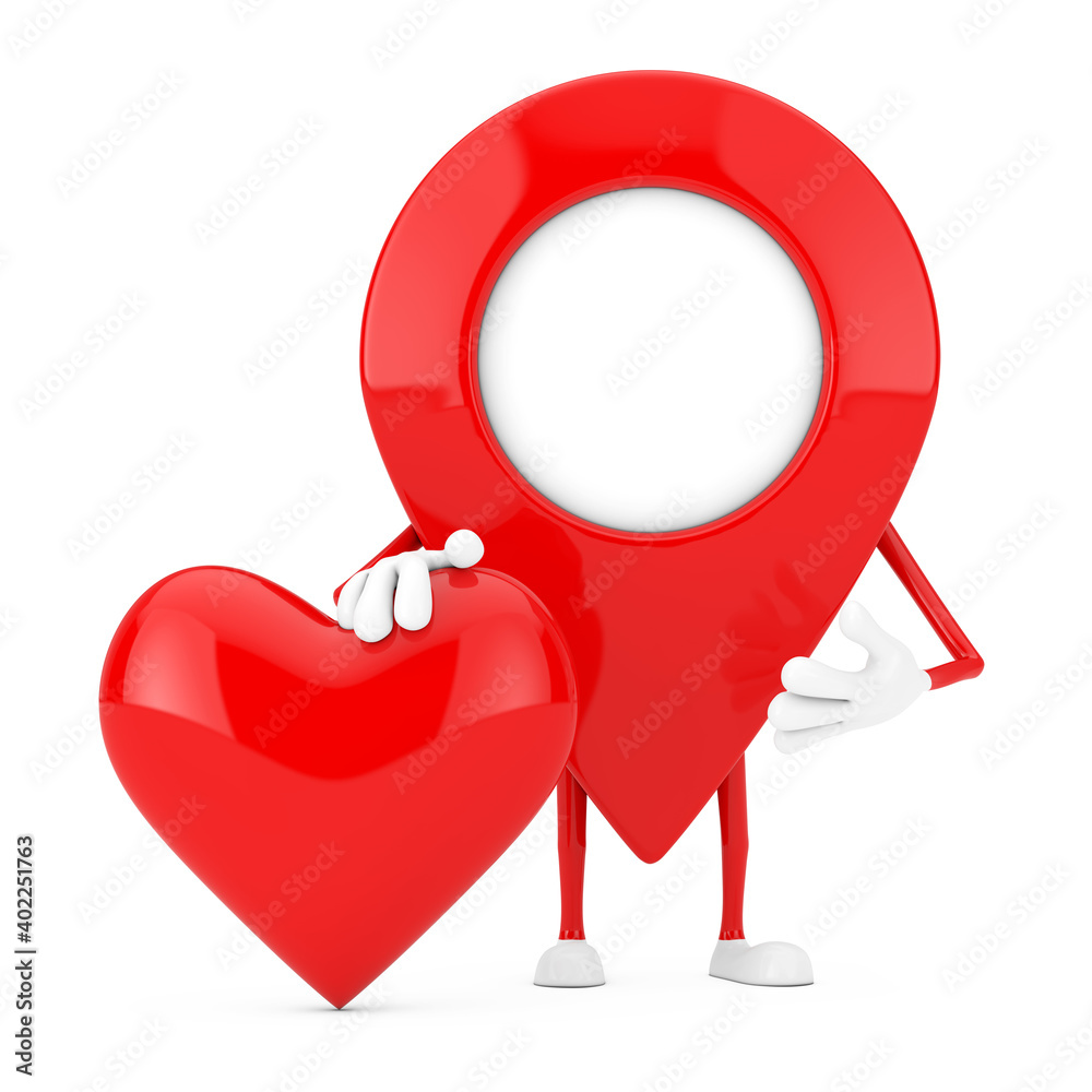 Poster map pointer pin character mascot with red heart. 3d rendering