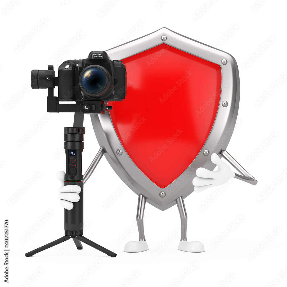 Aufkleber red metal protection shield character mascot with dslr or video camera gimbal stabilization tripod s